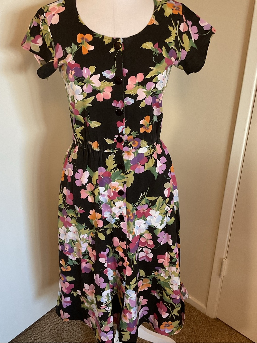Vintage Avon Fashion Floral Midi Dress 7/8 Black Cotton Fit and Flare 90s - Picture 2 of 11
